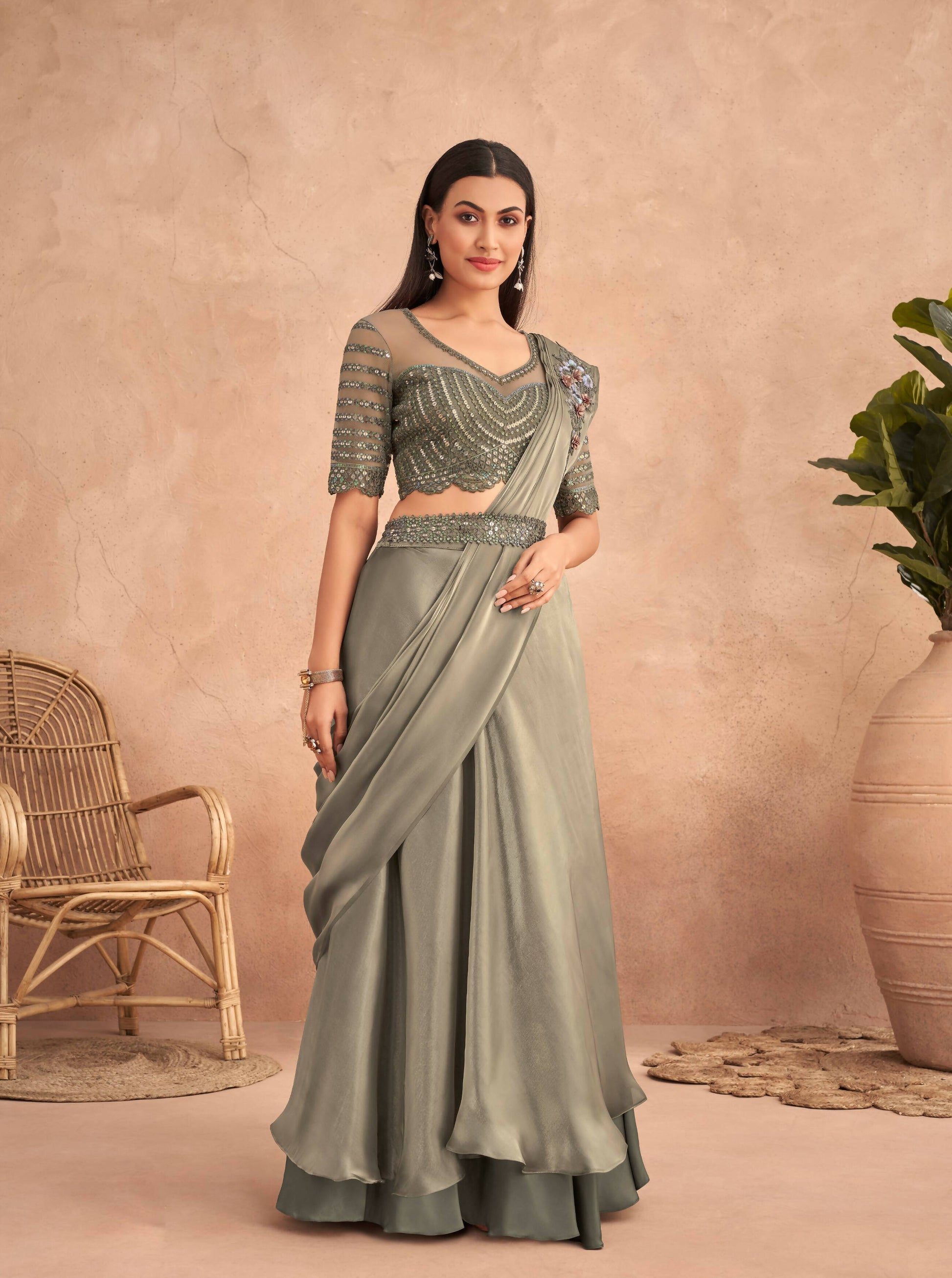 Green Satin Embroidered Ready To Wear Saree With Unstitched Blouse Piece - Nandika | Swadesiicart