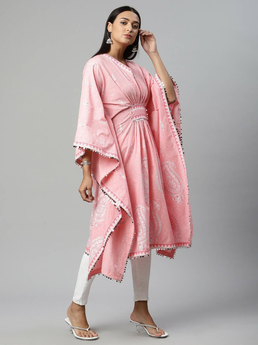Ahalyaa Women Pink Pure Cotton Printed Kaftan Kurta | Swadesiicart
