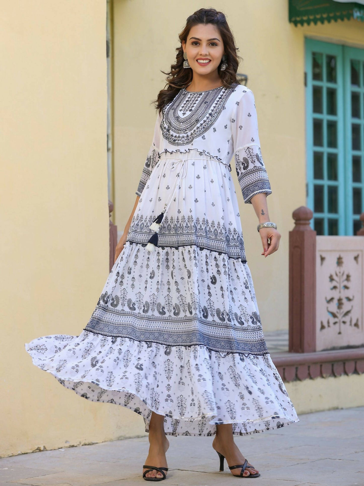 Juniper Women's Black Georgette Floral Embroderied Maxi Dress | Swadesiicart