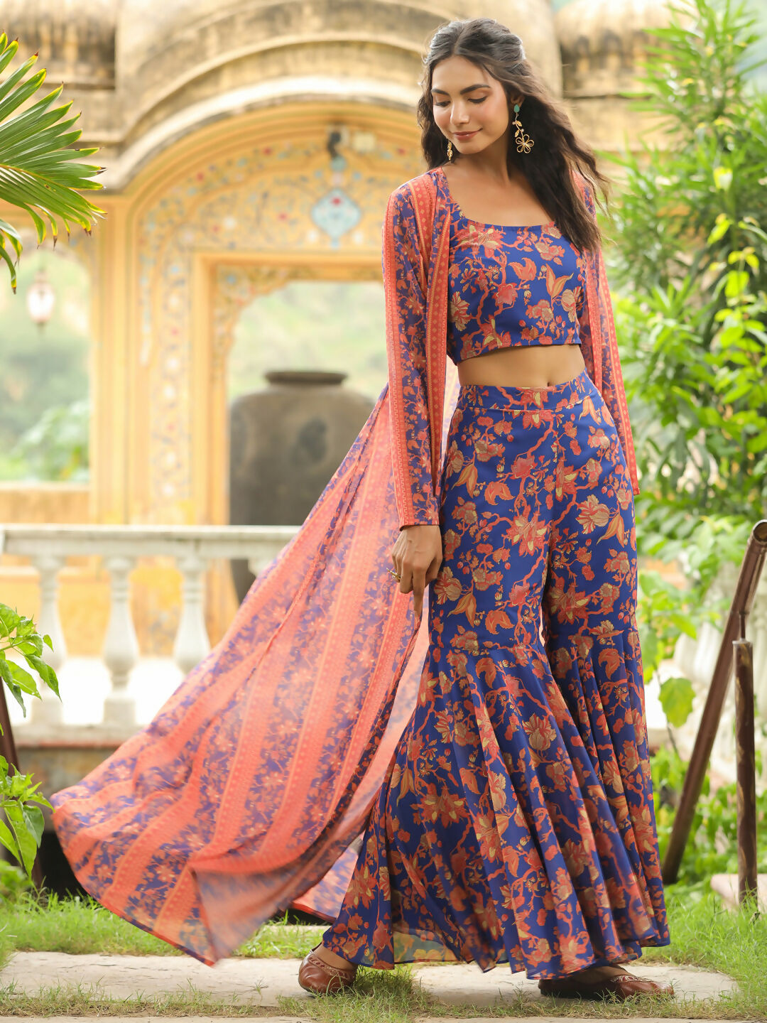 Janasya Navy Blue Georgette Floral Top,Bottom & Jacket | Swadesiicart