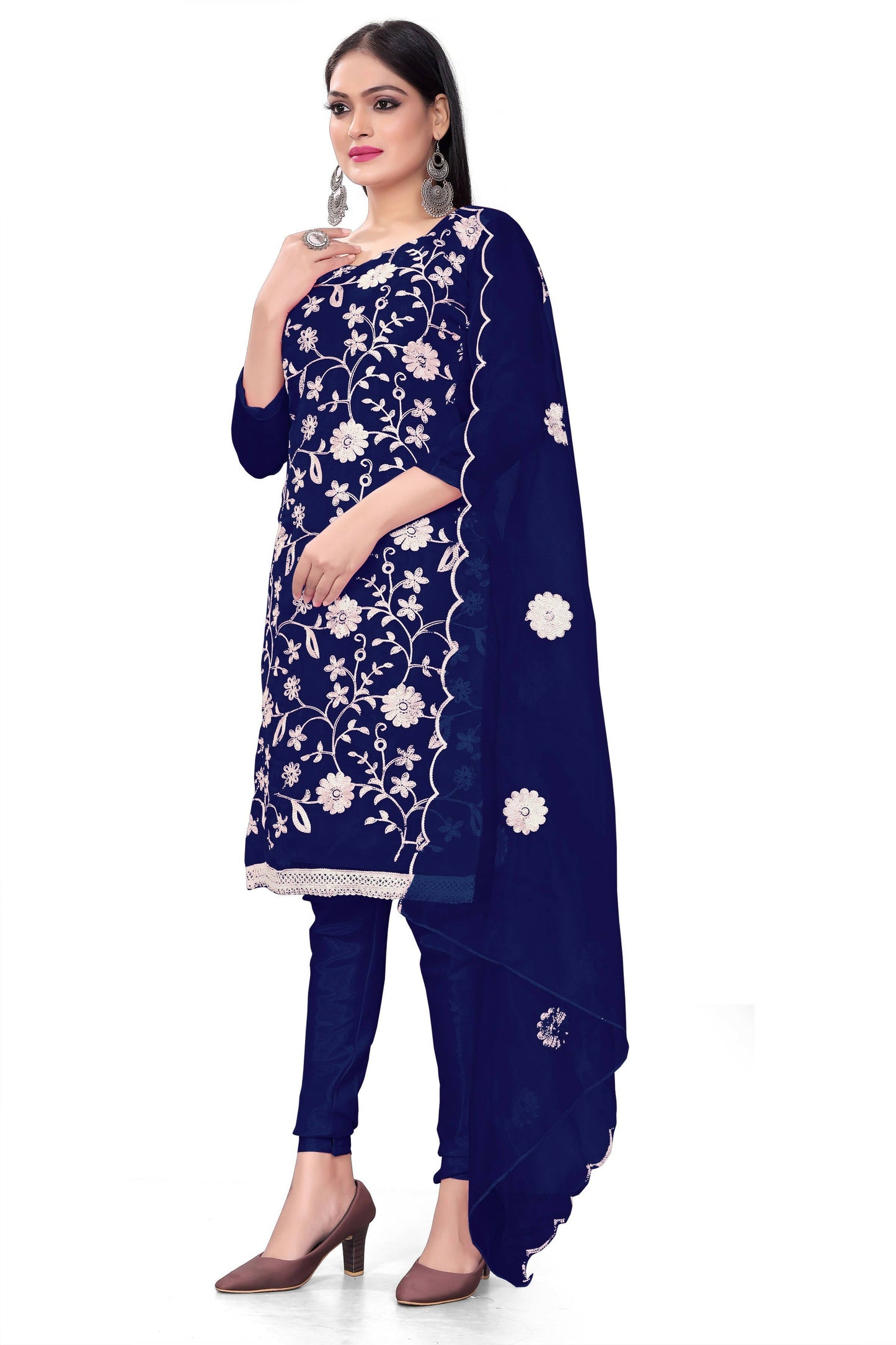 Blue Organza Silk Embroidered Work Unstitched Dress Material - Tanvi