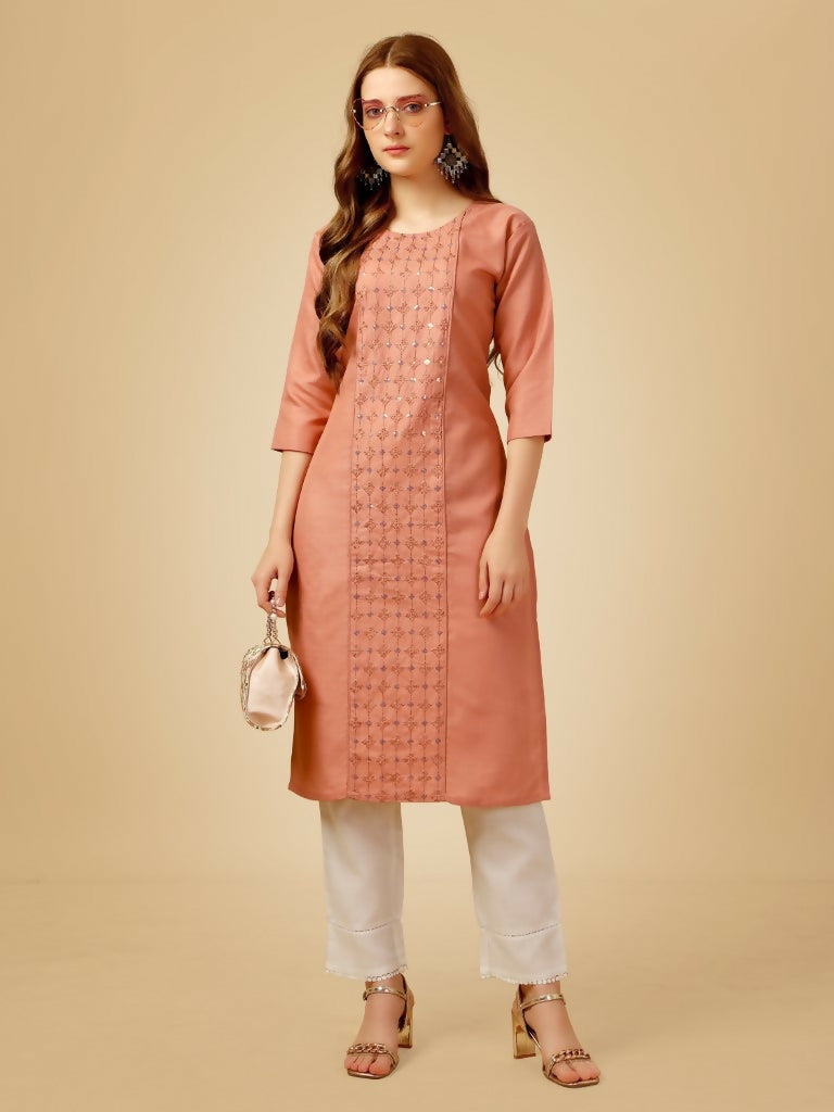 Jyoti Fashion Women's Gajri Cotton Blend Embroidered Kurta Pant Set | Swadesiicart