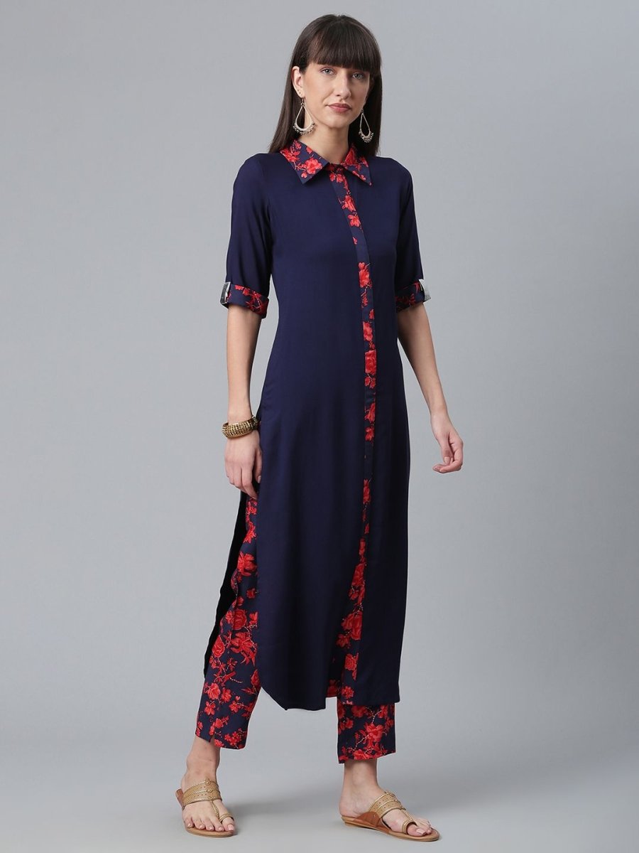 Ahalyaa Navy Blue Solid Rayon Kurta Pant Set | Swadesiicart
