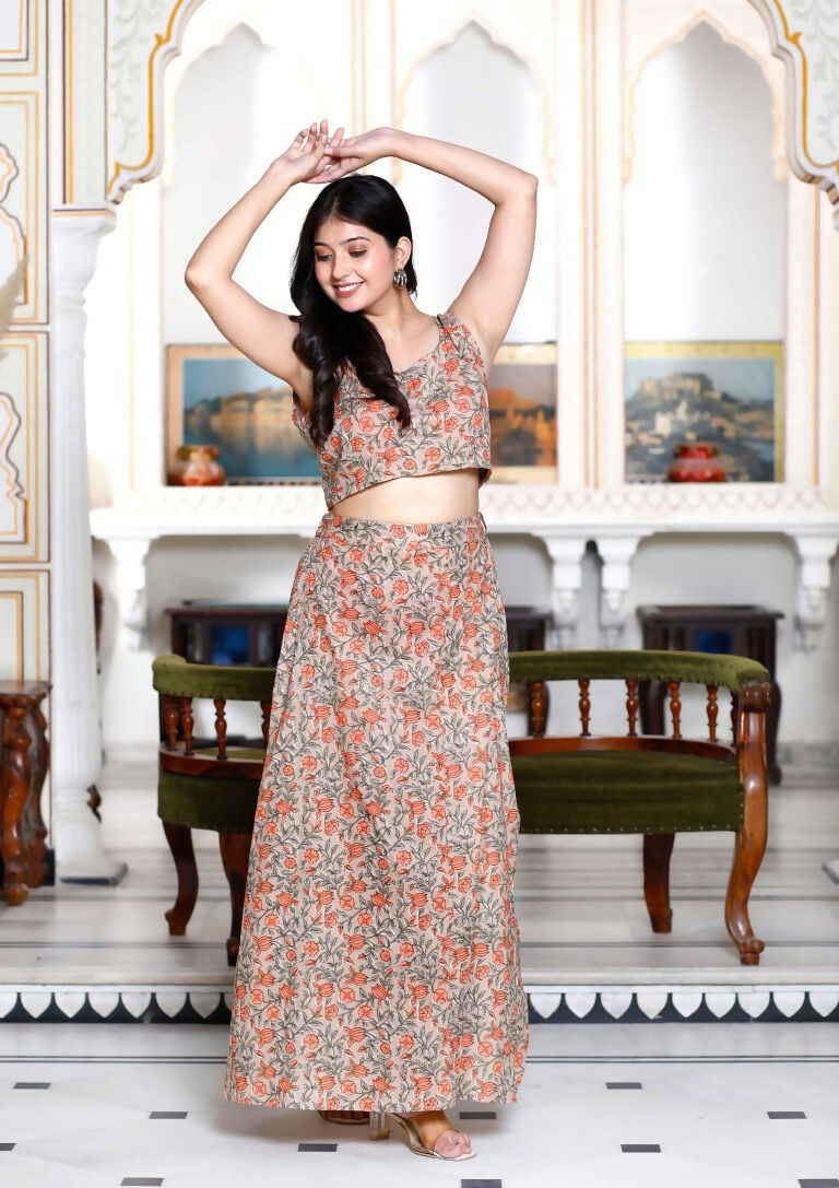 Miravan Women's Brown Floral Printed Crop Top And Skirt Co-Ord Set - Swadesiicart