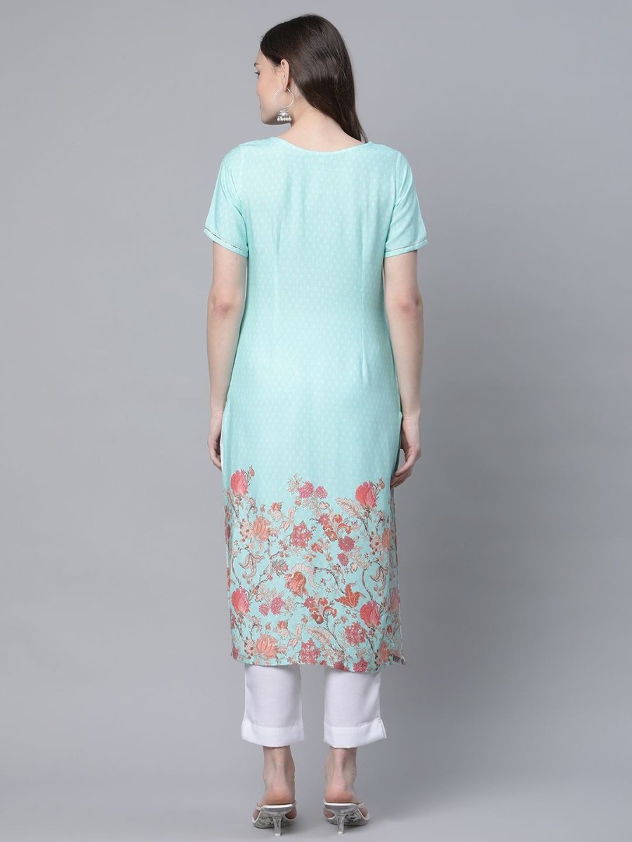 Ahalyaa Women Sky Blue Rayon Printed Kurta Pant Set | Swadesiicart