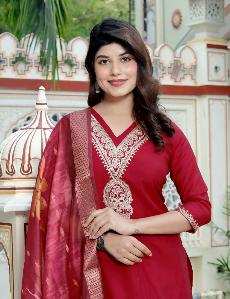 Miravan Women's Embroidered Pure Silk Red Kurta with Palazzo and Dupatta - Swadesiicart