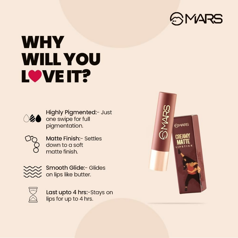 MARS Cosmetics Creamy Matte Long Lasting Lipstick For Women (12-Khoobsurat Kuchipudi) | Swadesiicart
