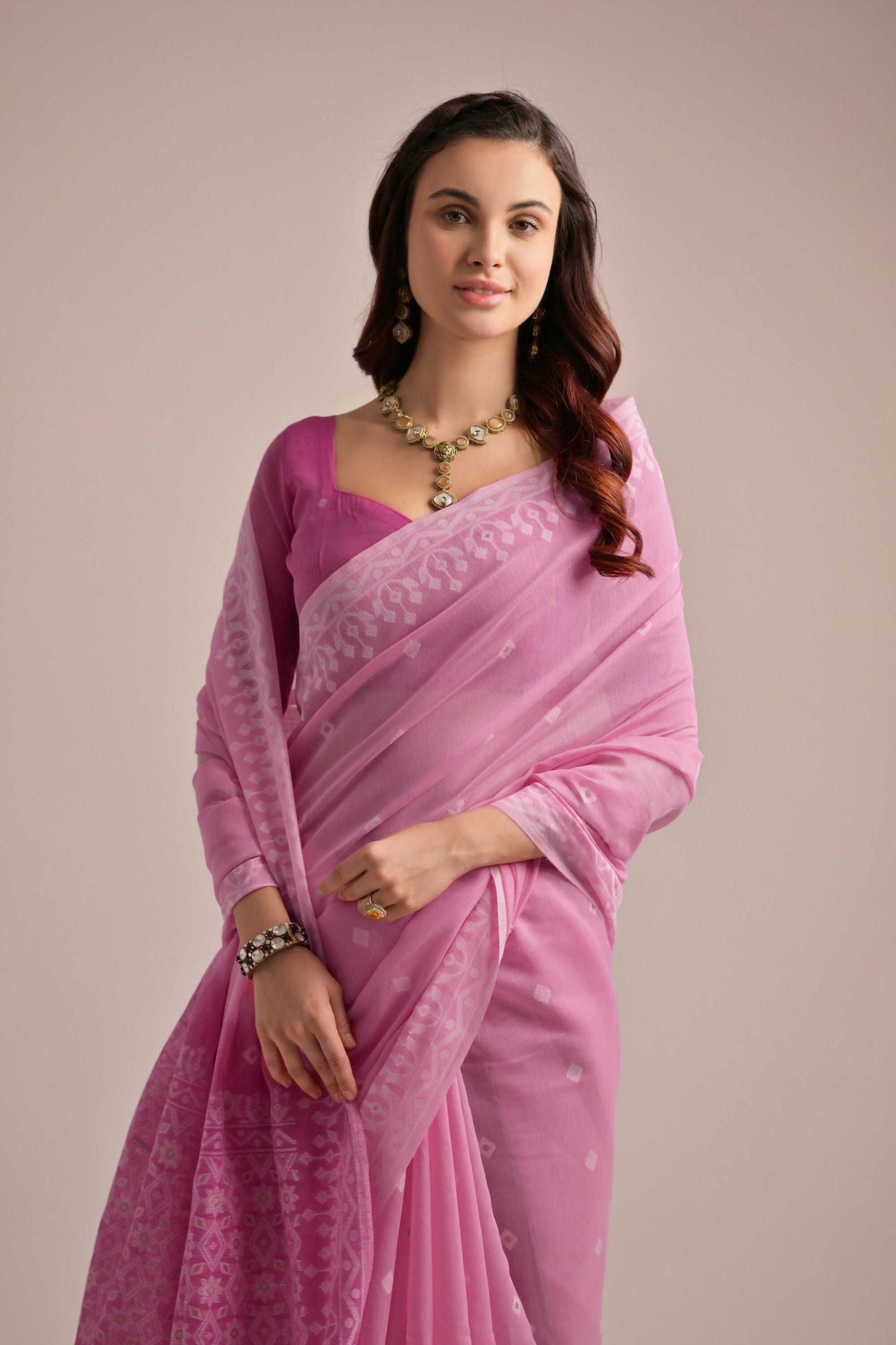Vishnu Weaves Women's Pink Muga Cotton Woven Saree with Blouse - Swadesiicart