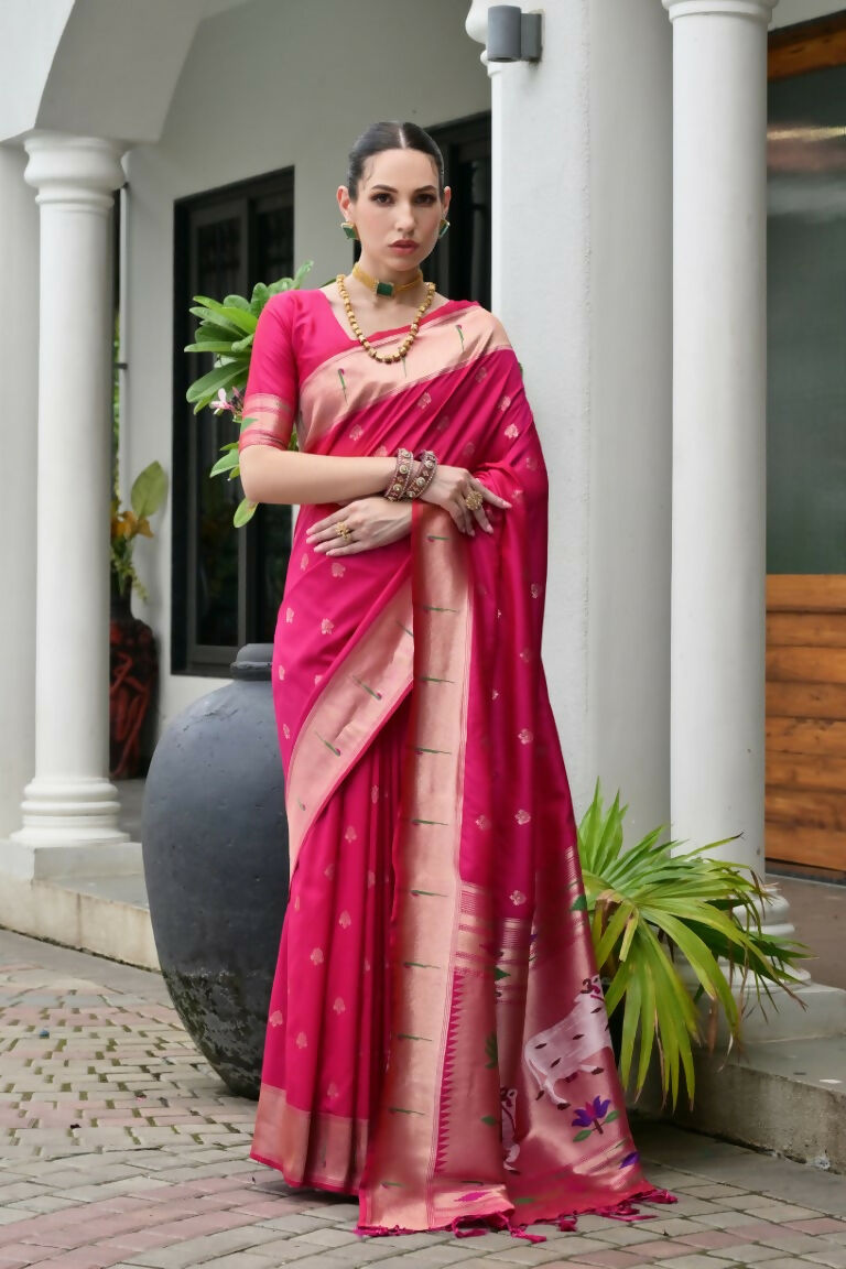 Vishnu Weaves Women's Pink Paithani Silk Zari Woven Saree with Blouse - Swadesiicart
