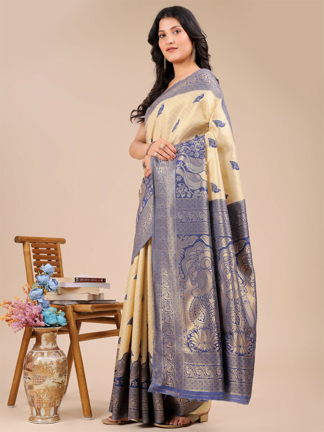Astita Banarasi Silk Cream & Navy Blue Saree | Swadesiicart