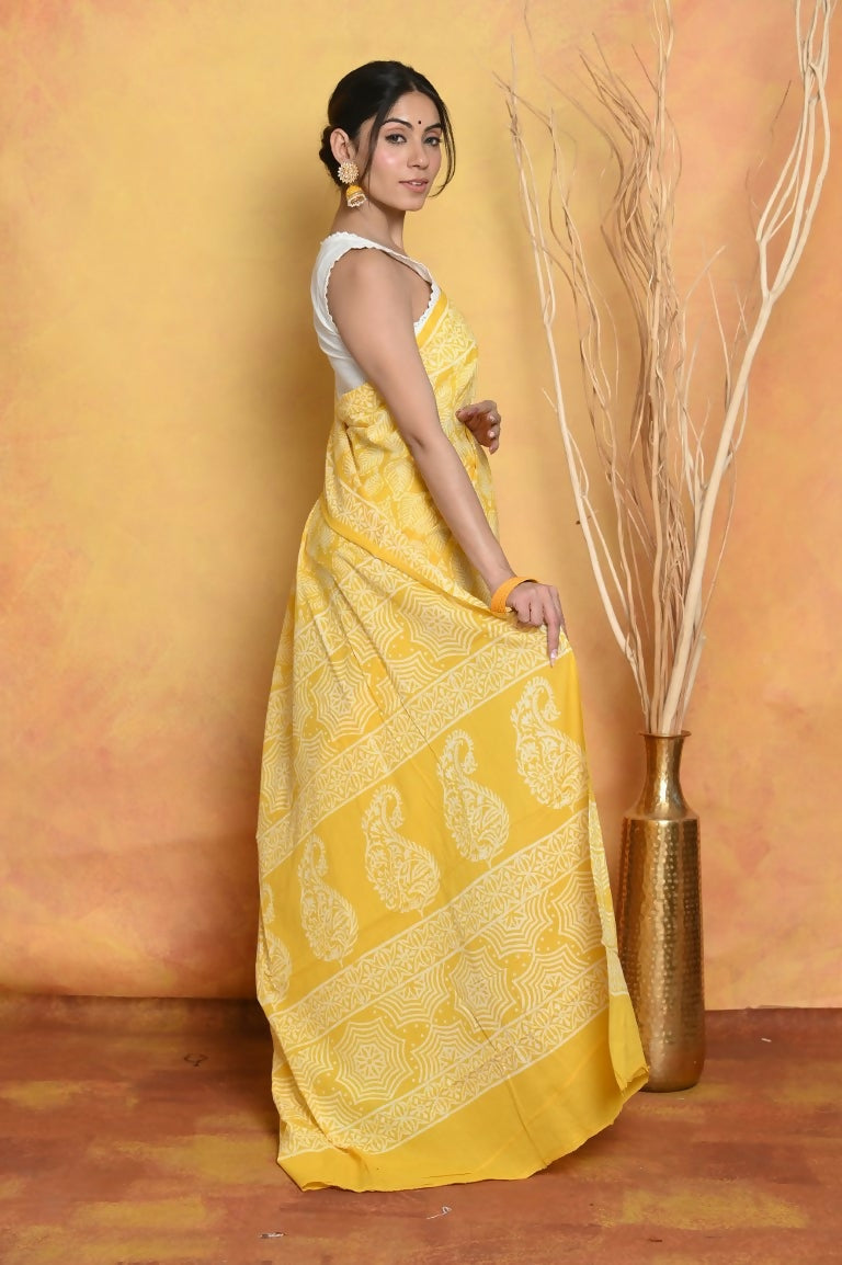 Very Much Indian Handblock Printed Cotton Saree With Natural Dyes - Yellow | Swadesiicart