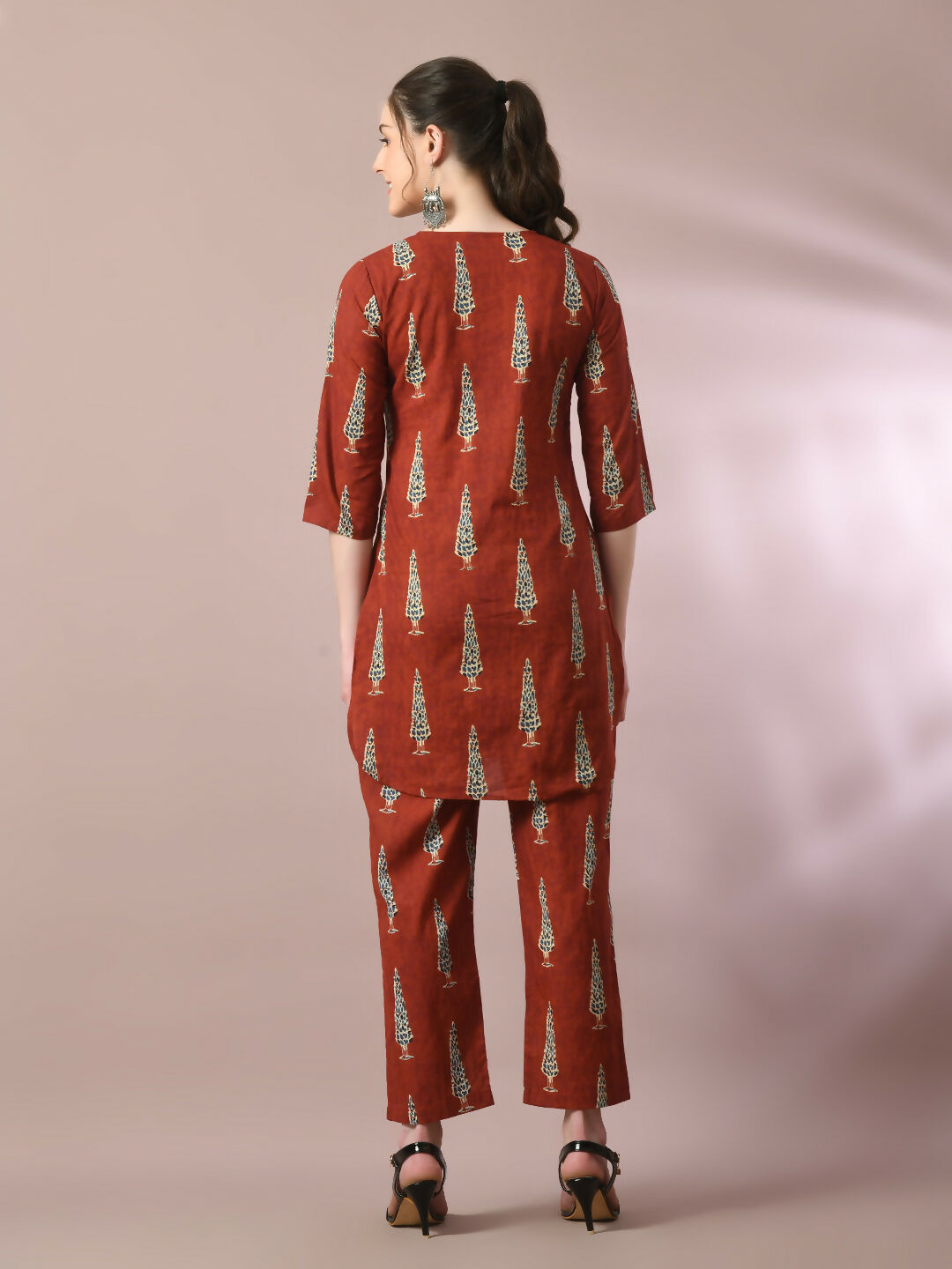 Myshka Women's Rust Printed Cotton Round Neck Party Tunic With Trousers Co-ord set - Swadesiicart