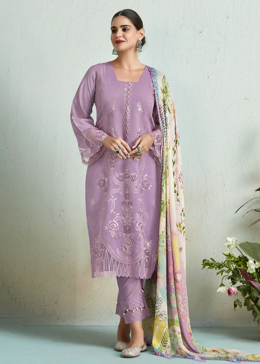Lilac Pink Pure Muslin Resham Embroidered Salwar Suit - Emponline | Swadesiicart