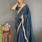 Vastranavya Sea Blue Georgette Silk Swarovski & Heavy Lace Work Ready to Wear Saree | Swadesiicart