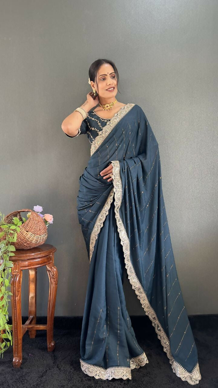 Vastranavya Sea Blue Georgette Silk Swarovski & Heavy Lace Work Ready to Wear Saree | Swadesiicart