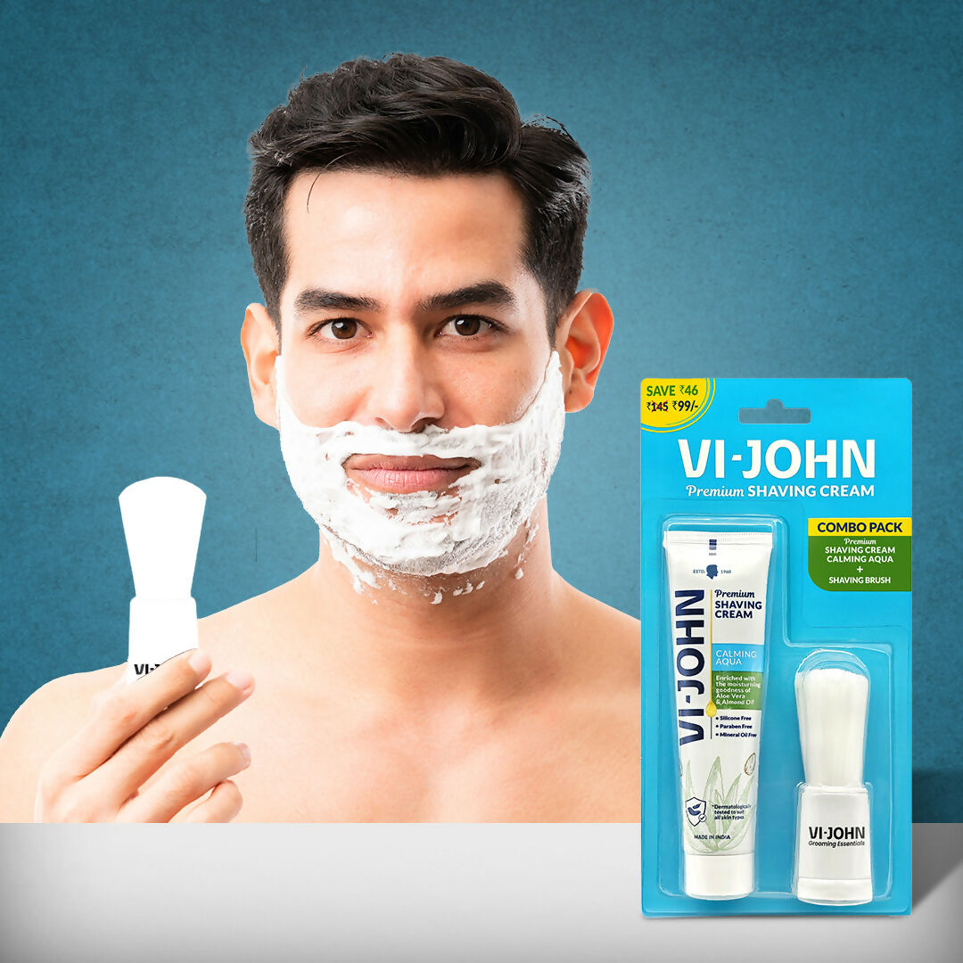 VI-JOHN Dermatologically Tested Premium Purifying Charcoal Shaving Cream With Shaving Brush Enriched with Aloevera & Jojoba Oil Free From Silicone, Paraben & Mineral Oil | Swadesiicart