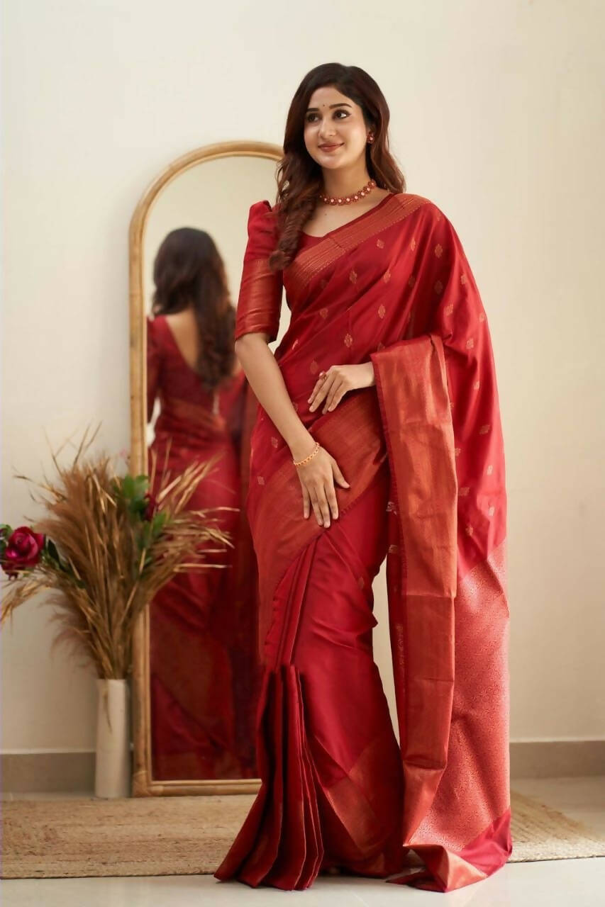 DEIANA'S Beautiful Designer Golden zari Soft Lichi Silk Saree - Red - Swadesiicart