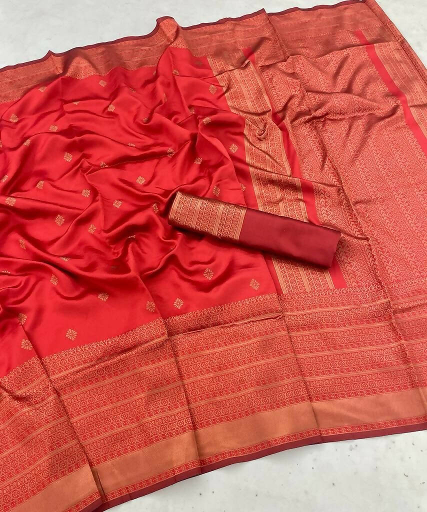 DEIANA'S Beautiful Designer Golden zari Soft Lichi Silk Saree - Red - Swadesiicart