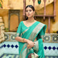 Vishnu Weaves Women's Sea Green Cotton Silk Zari Woven Butta Work Saree with Blouse - Swadesiicart