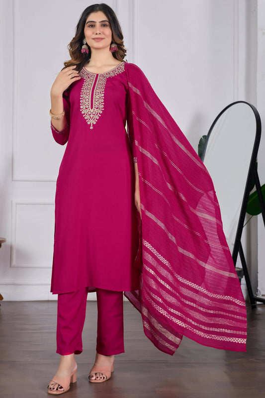 The52 Pink Women's Beautiful Embroidered Rayon Slub Fabric with Straight Kurta, Pant and Dupatta Set - Swadesiicart
