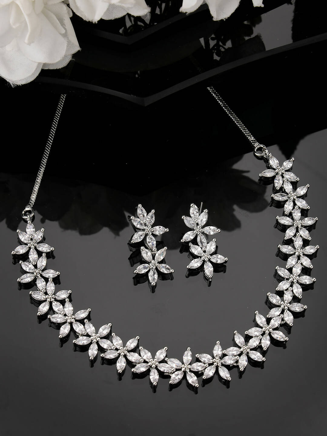 NVR Women Silver Plated Cz Stone Handcrafted Jewellery Set - Swadesiicart