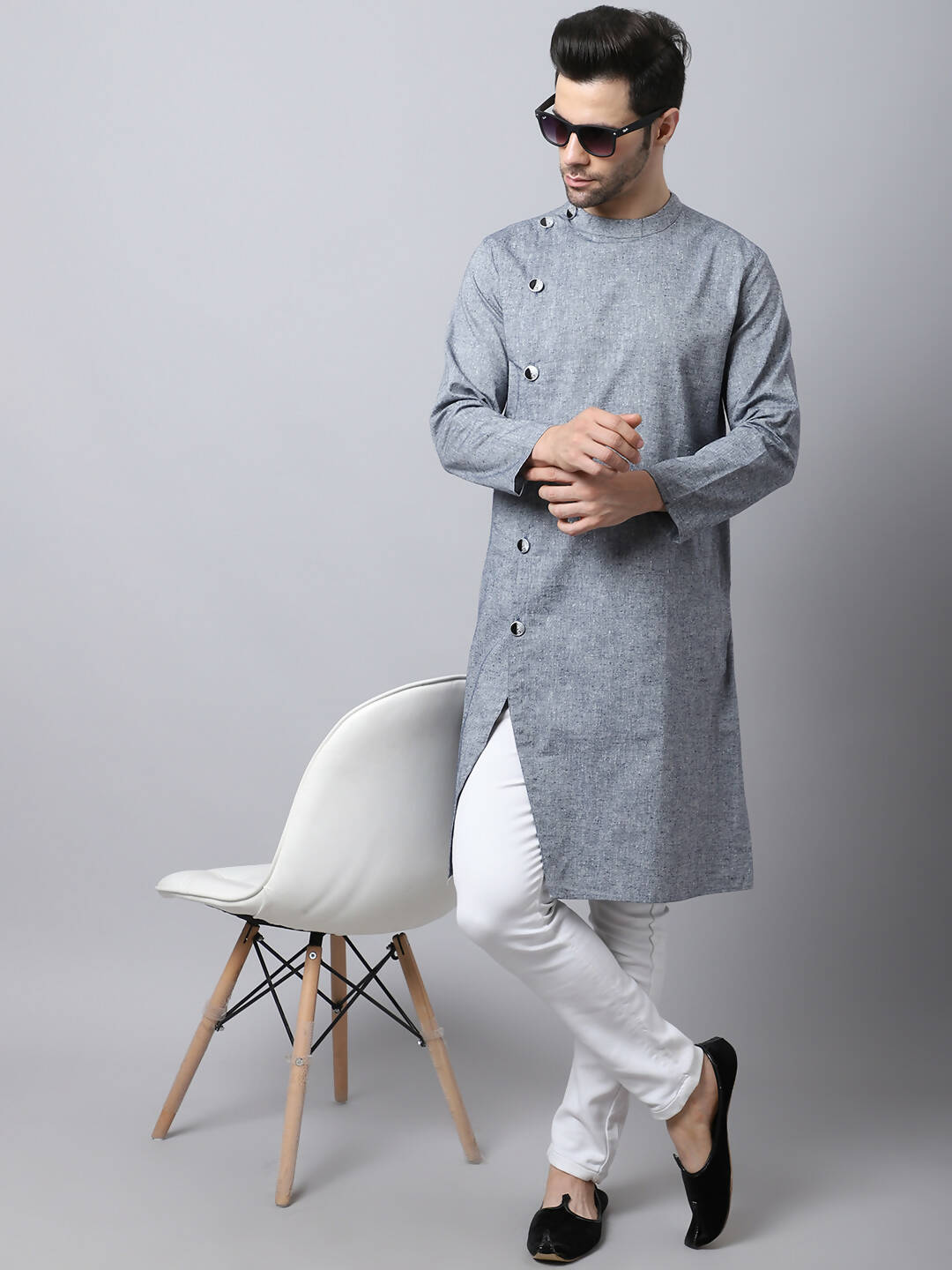 Even Apparels Grey Pure Cotton Sherwani Men's Kurta With Asymetrical Cut | Swadesiicart
