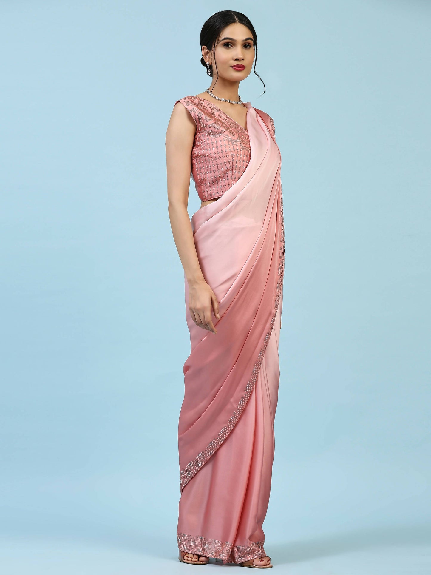Peach Ombre Satin Georgette Plain Ready to wear Saree with stitched Blouse - Vrinda | Swadesiicart