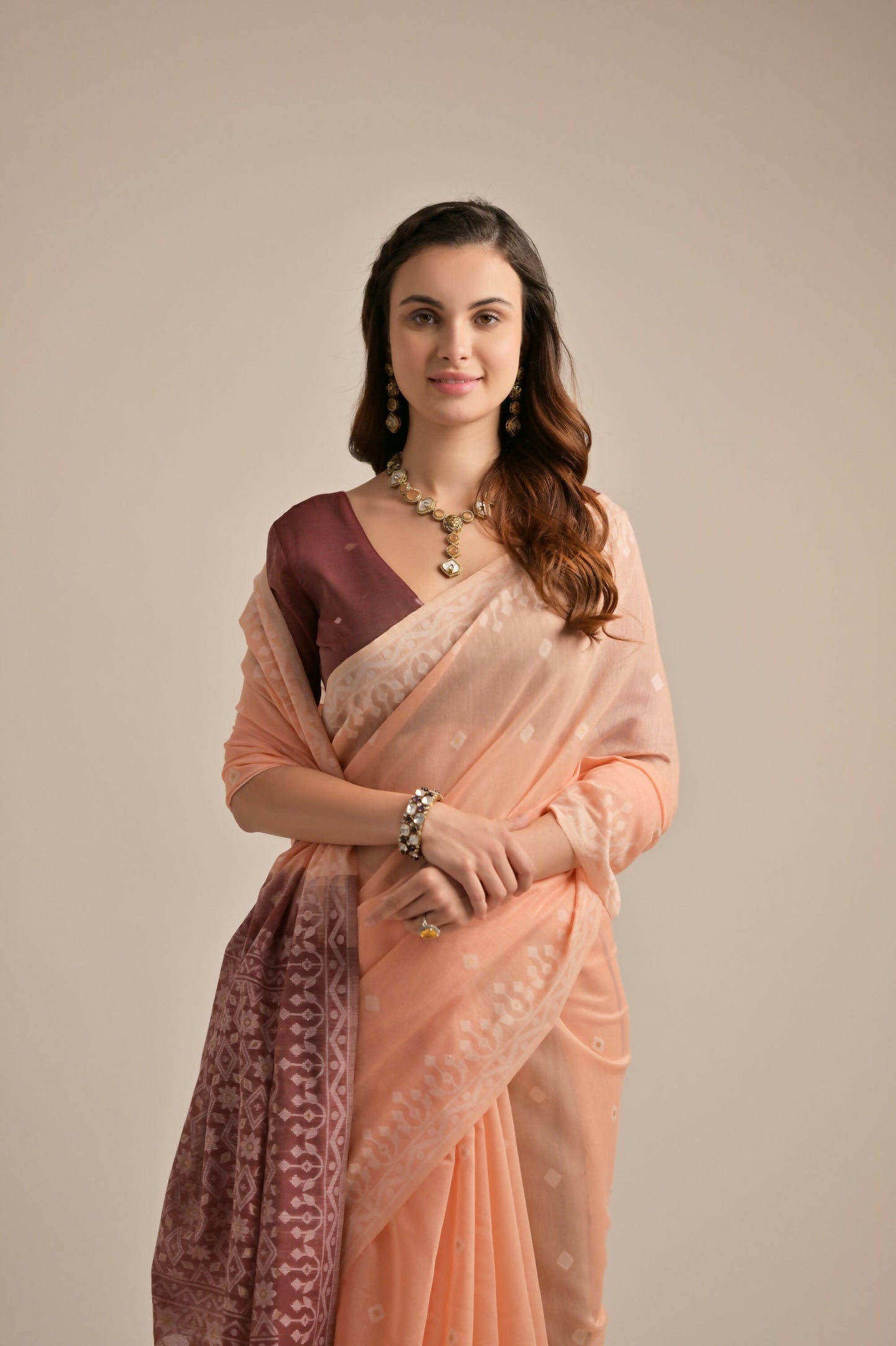 Vishnu Weaves Women's Peach Muga Cotton Woven Saree with Blouse - Swadesiicart