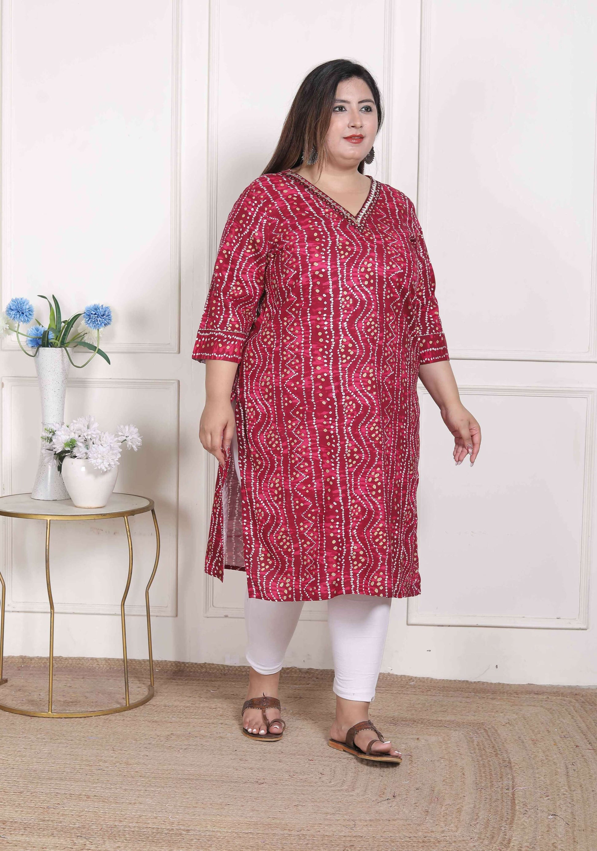 Miravan Women's Plus Size Bandhej Printed Rayon Kurta Magenta - Swadesiicart
