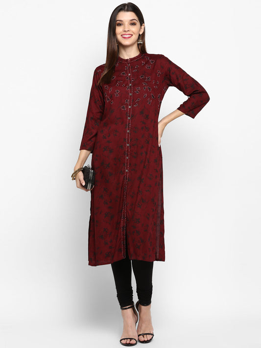 NOZ2TOZ Women's Dark Purple Color Rayon Straight Kurta Only - Noz2Toz