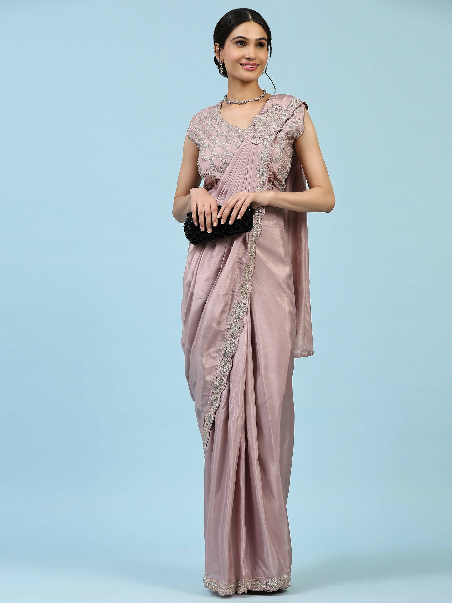 Lavendar Silk Satin Plain Ready to wear Saree with stitched Blouse - Vrinda | Swadesiicart