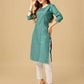 Jyoti Fashion Women's Teal Cotton Blend Embroidered Kurta Pant Set | Swadesiicart