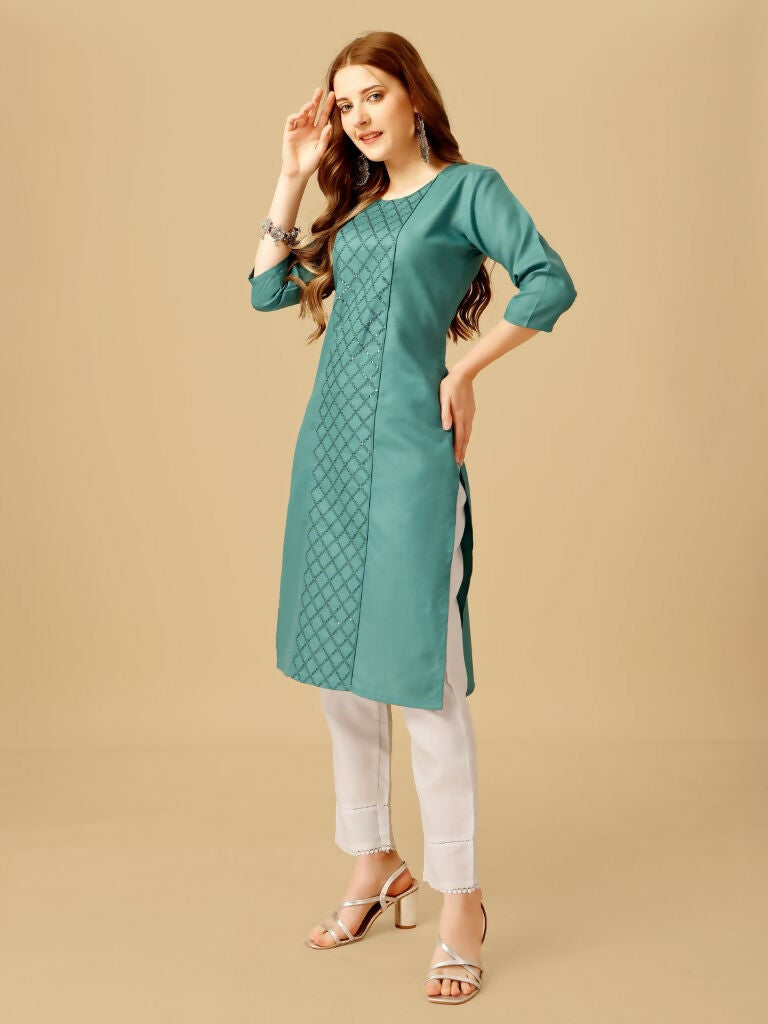 Jyoti Fashion Women's Teal Cotton Blend Embroidered Kurta Pant Set | Swadesiicart