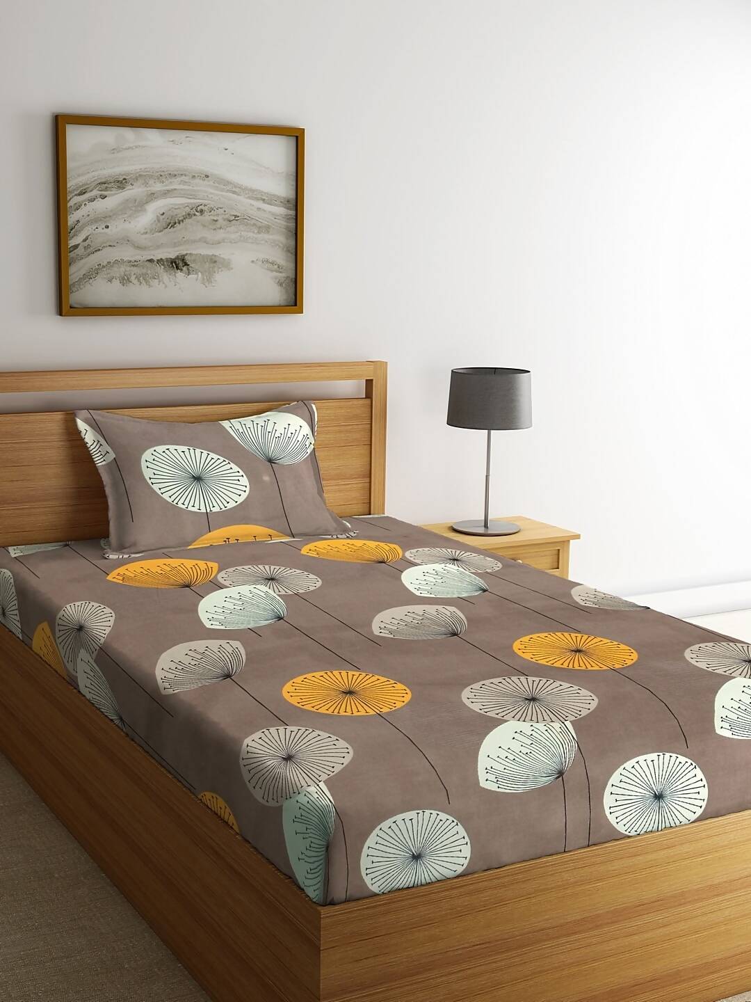 KLOTTHE Brown & Yellow Floral 210 TC Cotton Bedsheet with Pillow Cover - Swadesiicart