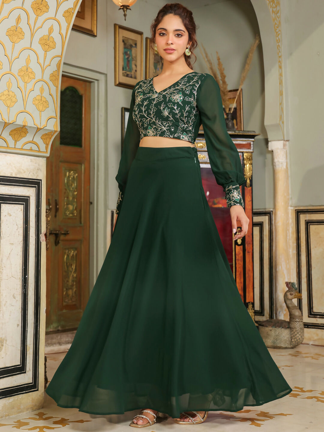 Janasya Dark Green Georgette Embroidered Top & Skirt | Swadesiicart