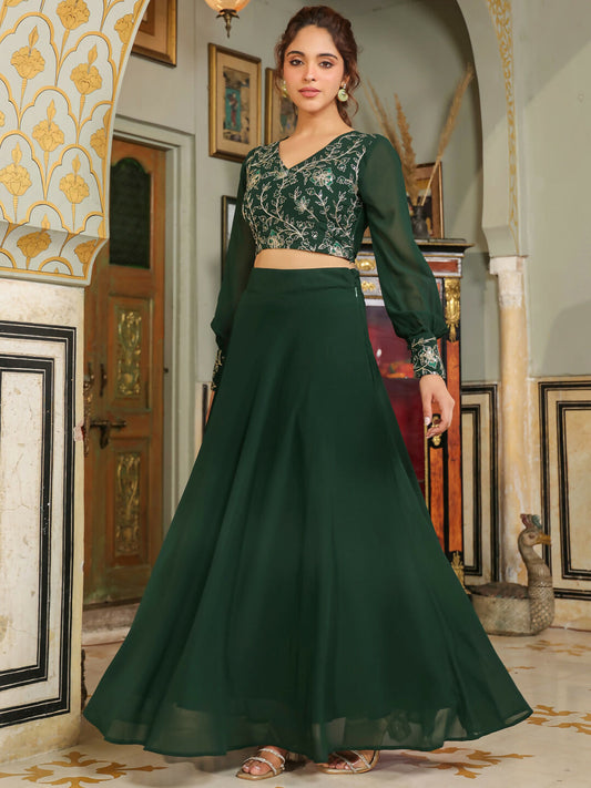 Janasya Dark Green Georgette Embroidered Top & Skirt | Swadesiicart