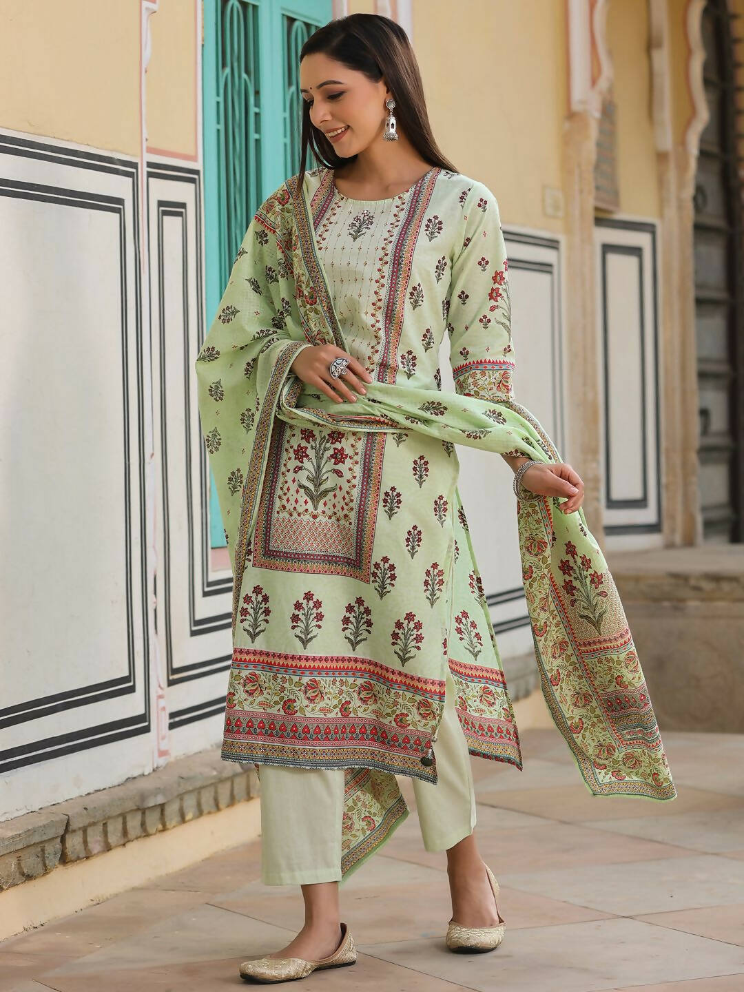 Juniper Women's Lime Green Cambric Floral Placement Printed Straight Fit Kurta Sets | Swadesiicart