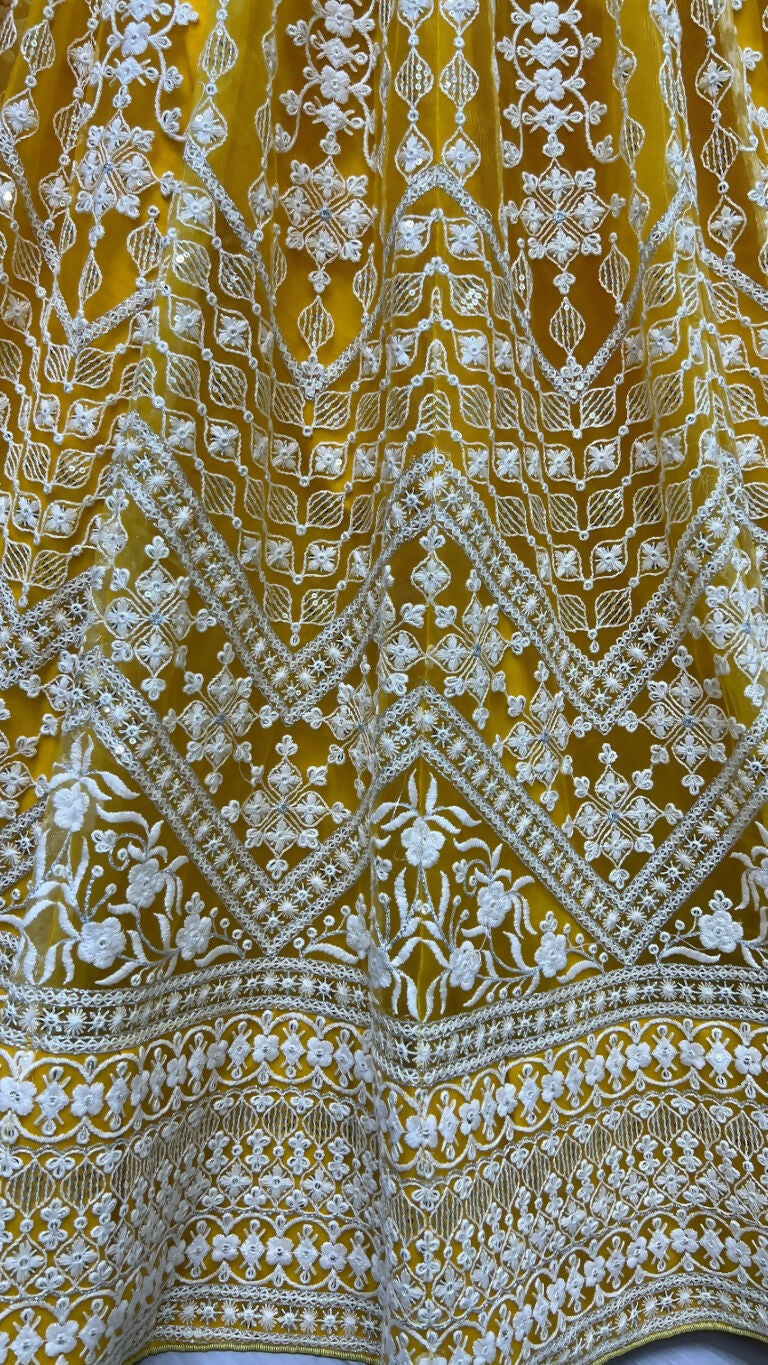 Jyoti Fashion Women's Yellow Net Patterned Thread Embroidered with Sequins Wedding Lehenga Choli | Swadesiicart