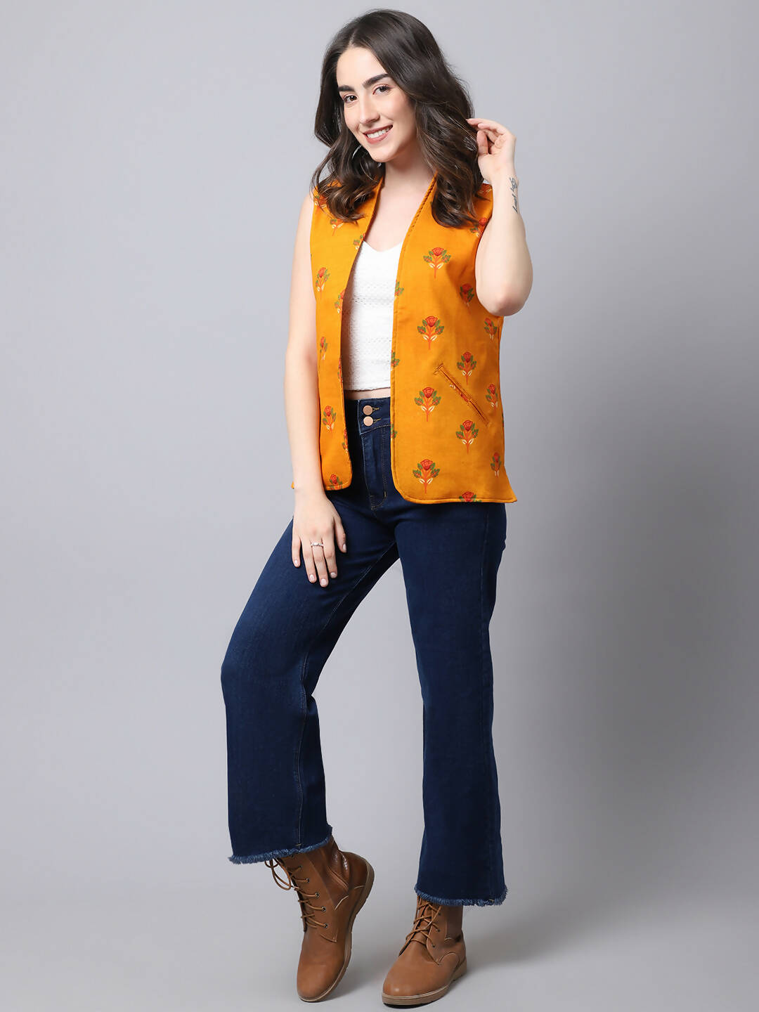 Even Apparels Yellow 100% Viscose Rayon Open Front Gillet (BF009) | Swadesiicart
