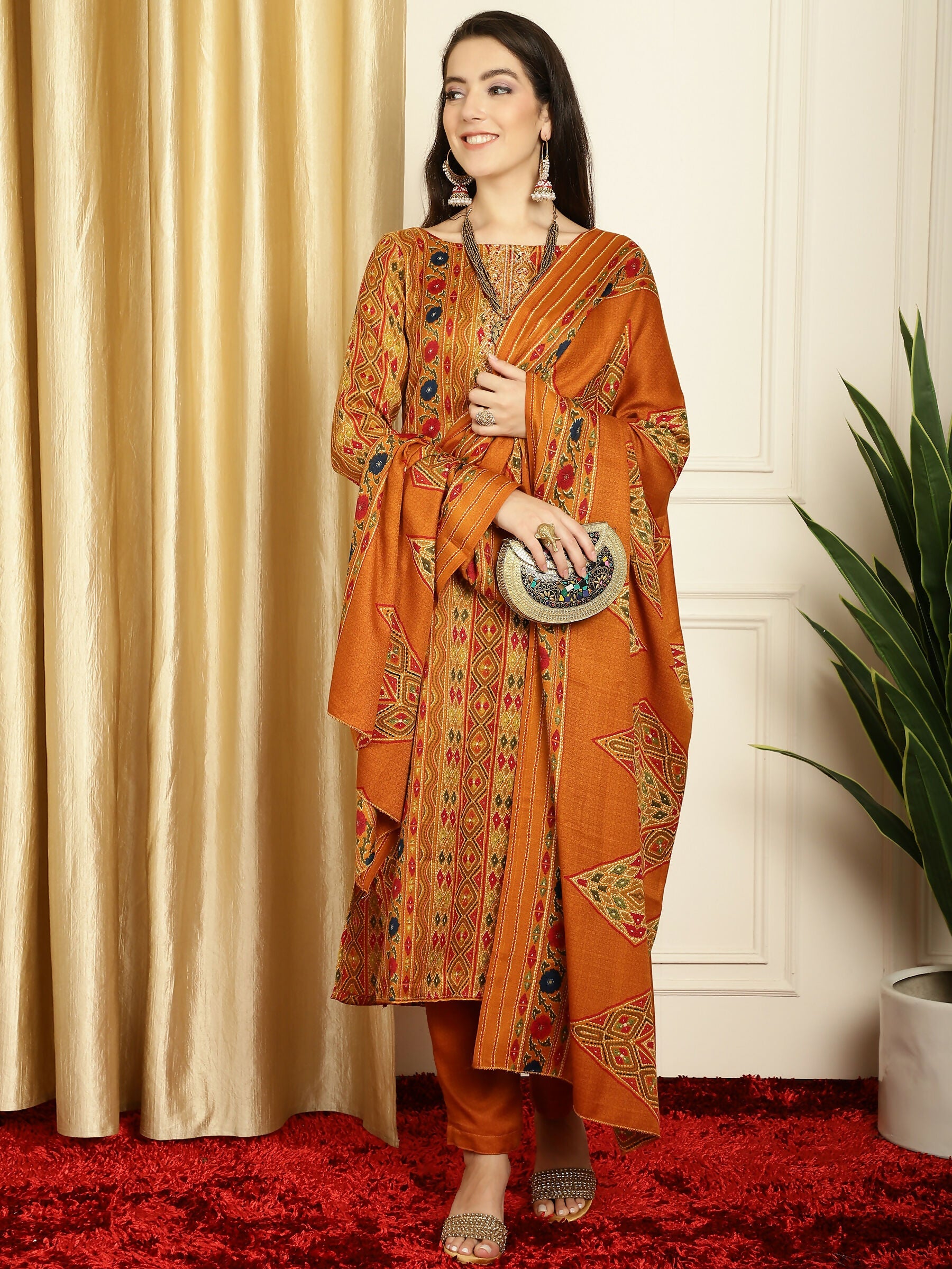 Jyoti Fashion Women's Mustard Pashmina Floral Digital Printed Kurta with Trouser & Dupatta | Swadesiicart