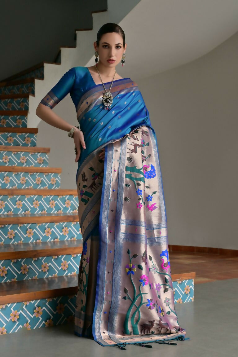 Vishnu Weaves Women's Rama Paithani Silk Zari Woven Saree with Blouse - Swadesiicart