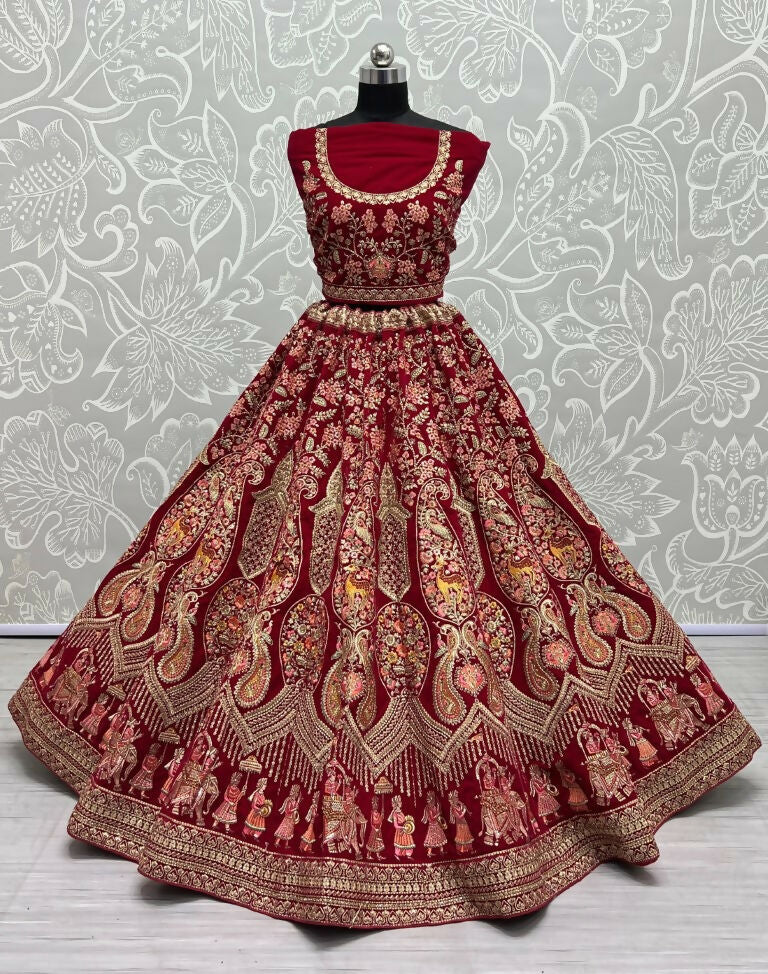 Jyoti Fashion Women's Rani Pink Velvet Multi Thread Embroidered with Zircon Diamond Work Wedding Lehenga Choli | Swadesiicart