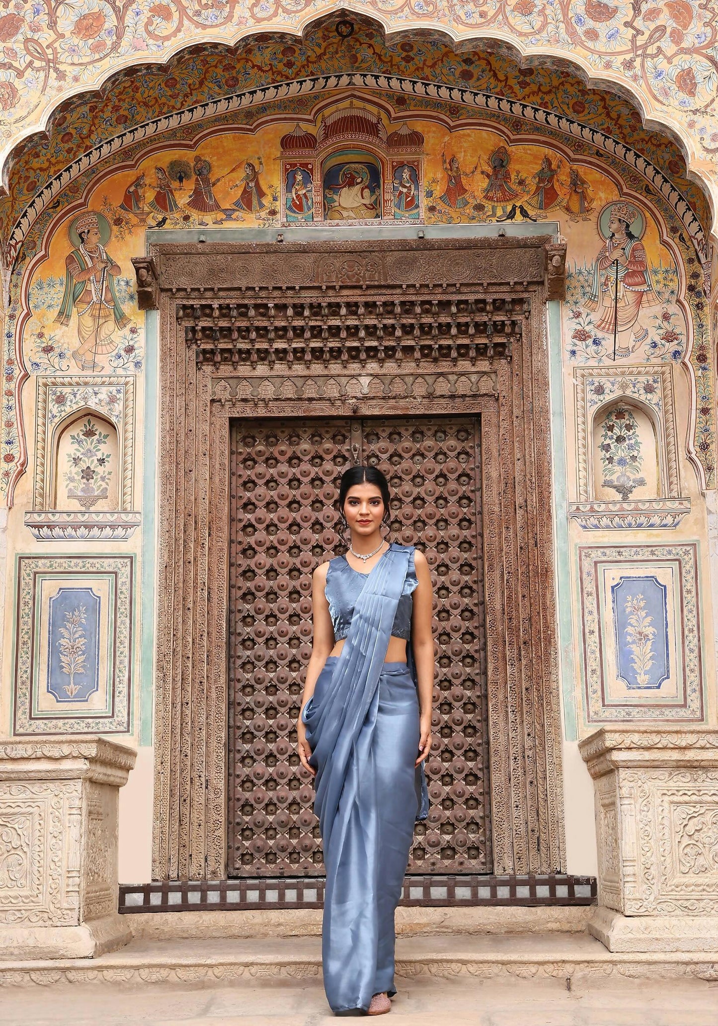 Sky Blue Tom Silk Plain Ready To Wear Saree With Stitched Blouse - Satiksha | Swadesiicart