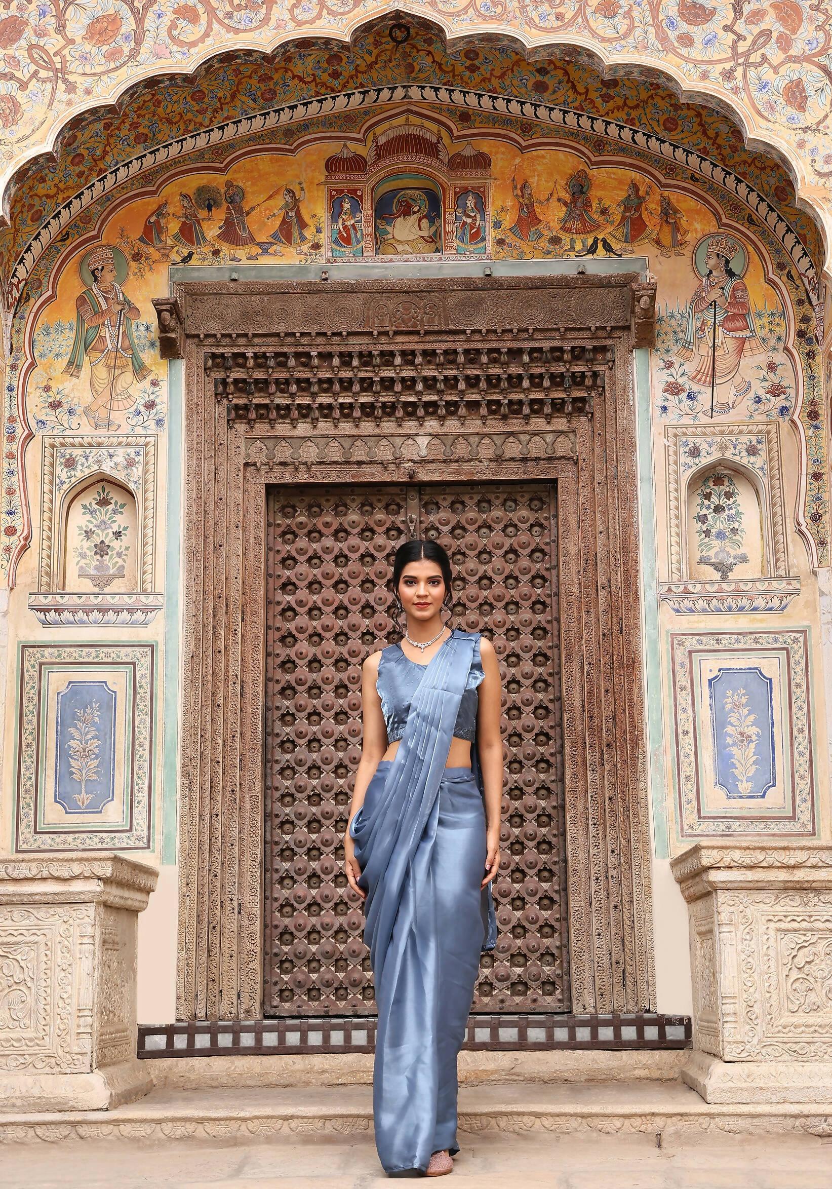 Sky Blue Tom Silk Plain Ready To Wear Saree With Stitched Blouse - Satiksha | Swadesiicart