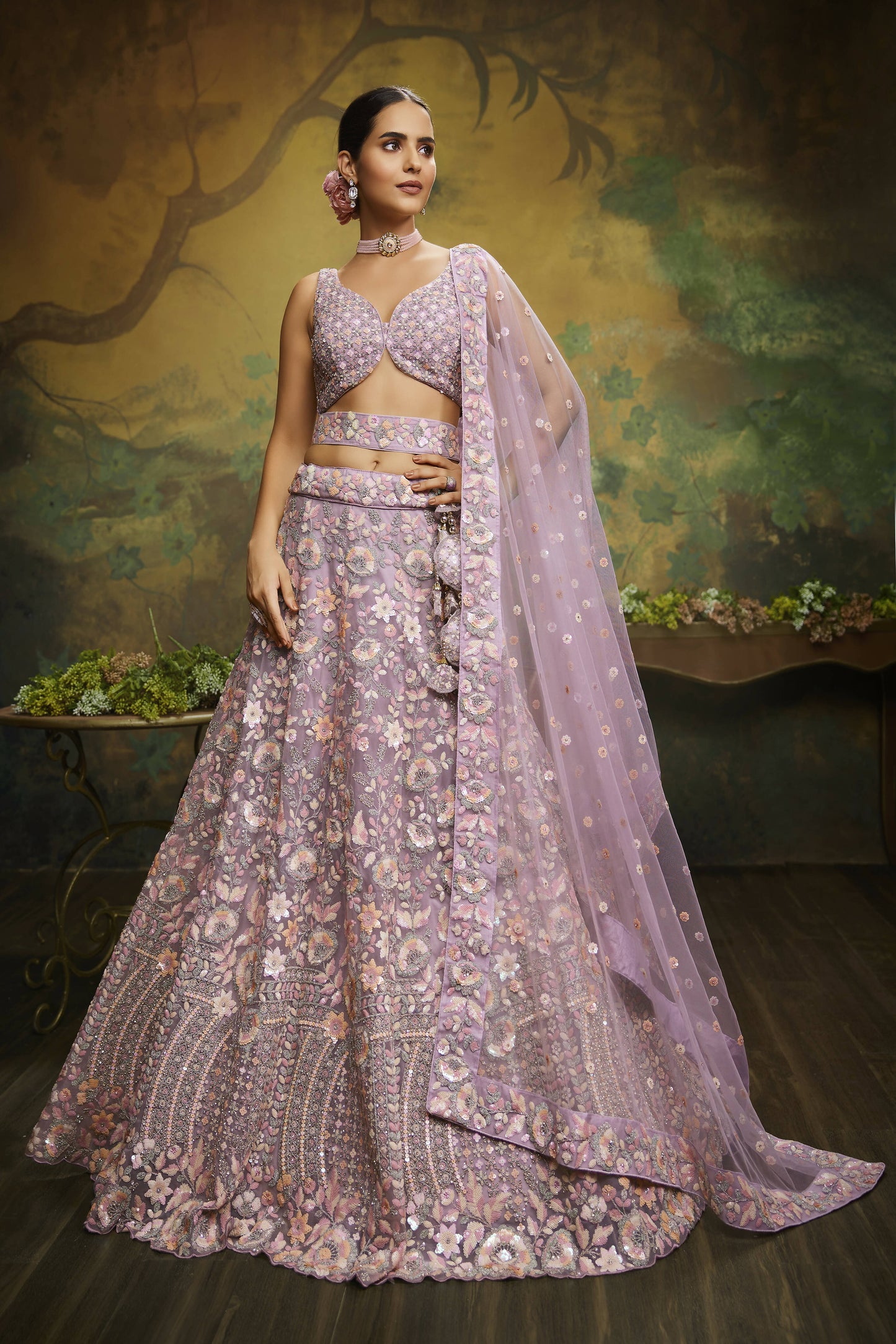 House of Panchhi Mauve Net Multi Sequins with heavy Zarkan embroidery Lehenga choli & Dupatta | Swadesiicart