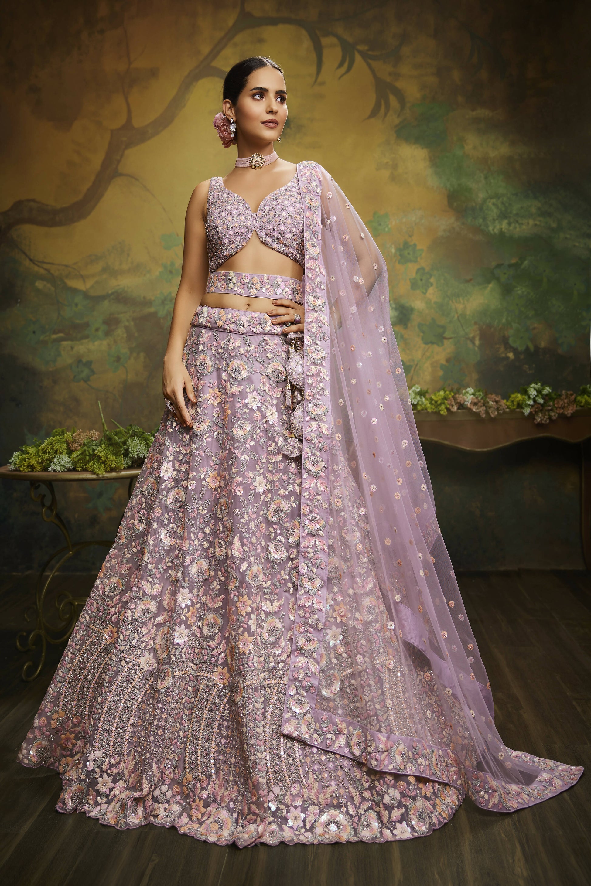 House of Panchhi Mauve Net Multi Sequins with heavy Zarkan embroidery Lehenga choli & Dupatta | Swadesiicart