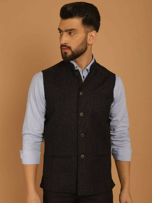 Even Apparels Pure Wool Nehru Jacket - Black | Swadesiicart