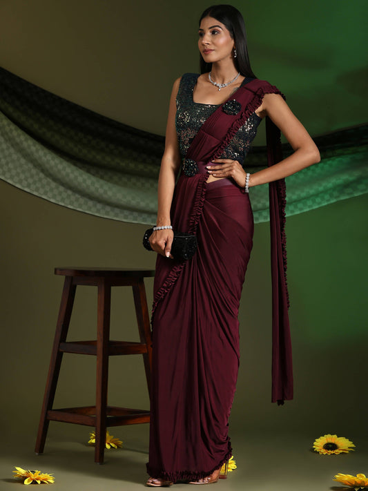 Maroon Imported Fabric Plain Ready to wear Saree with stitched Blouse - Vrinda | Swadesiicart