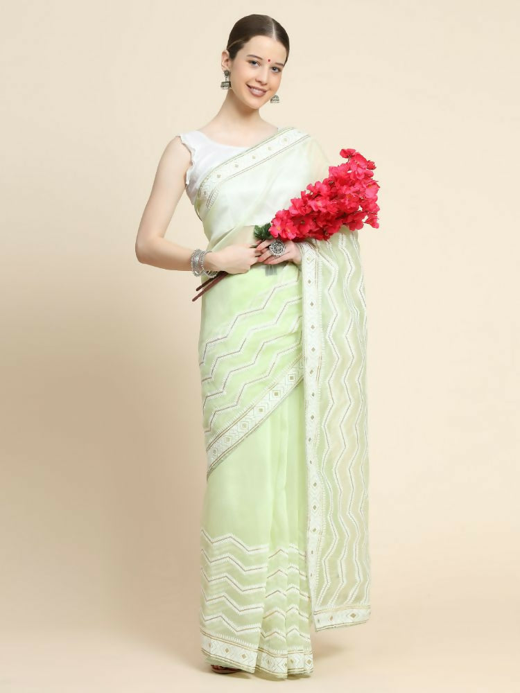 Vamsee Banno Lehriya Pista Green Organza Saree - Swadesiicart