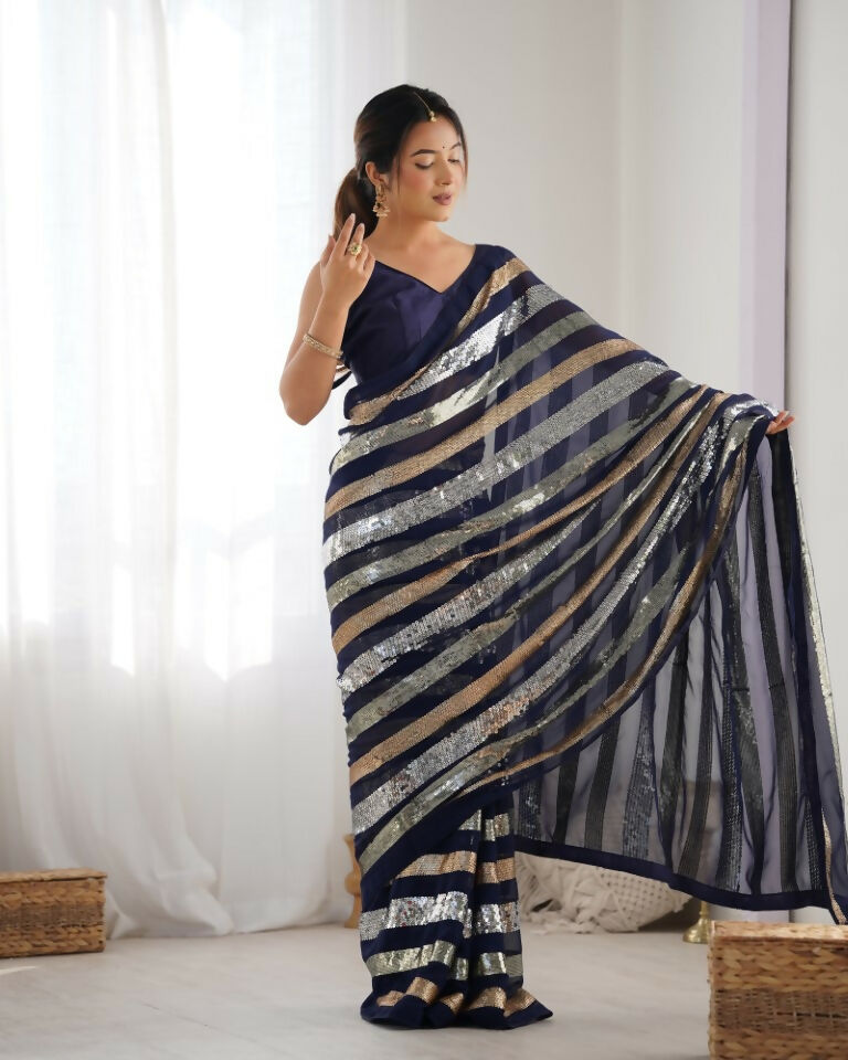 Blue Georgette Sequance Embroidery Work Border Saree - Sitare
